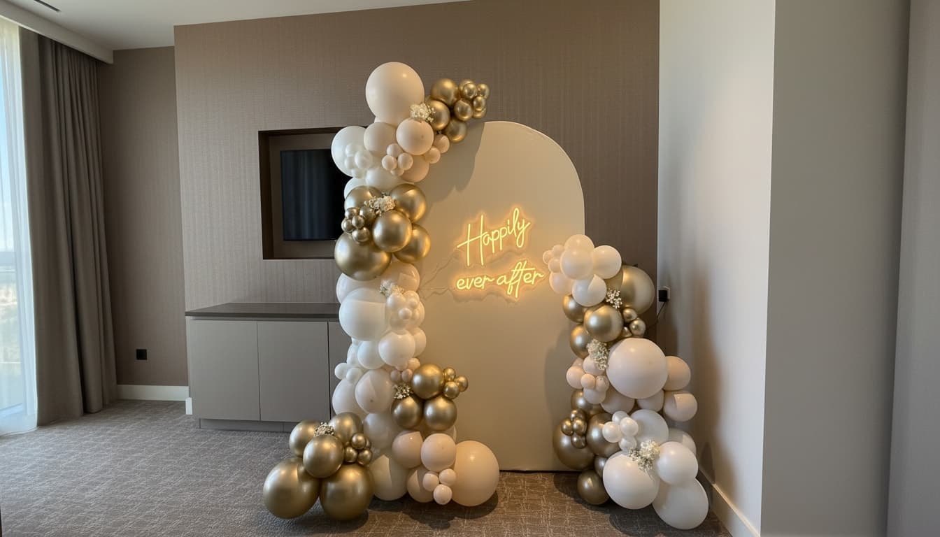 White and gold 'Happily Ever After' balloon arch with neon sign for weddings