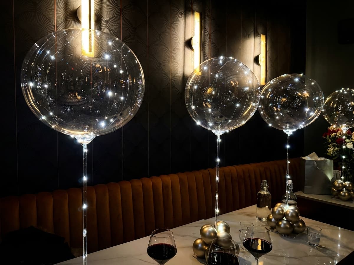 Elegant LED balloon centerpieces at a dinner table